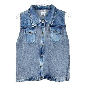 VINTAGE PBJ BLUES Size Large Washed Blue Button Down V-Neck Vest Cable Knit